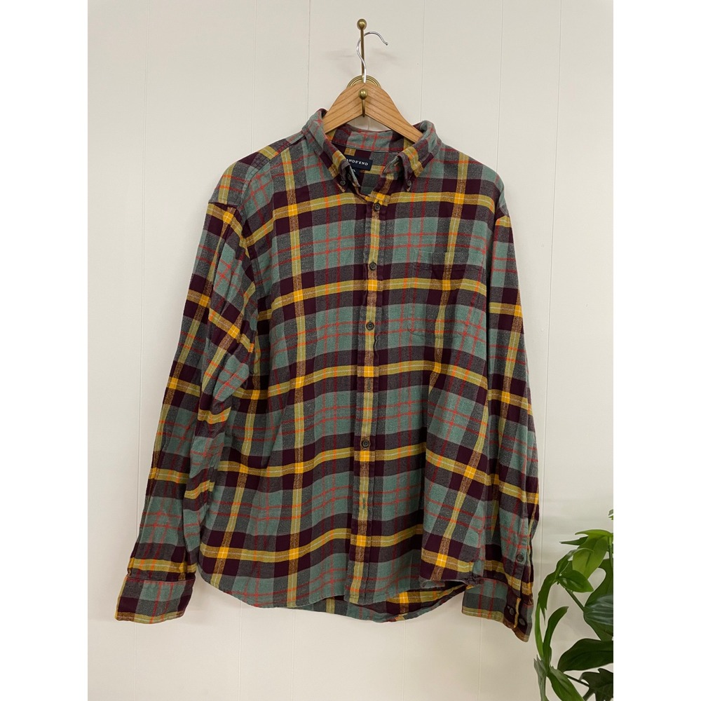 Lands End Mens XL Flannel Shirt Plaid Teal Burgundy Traditional Fit Cotton